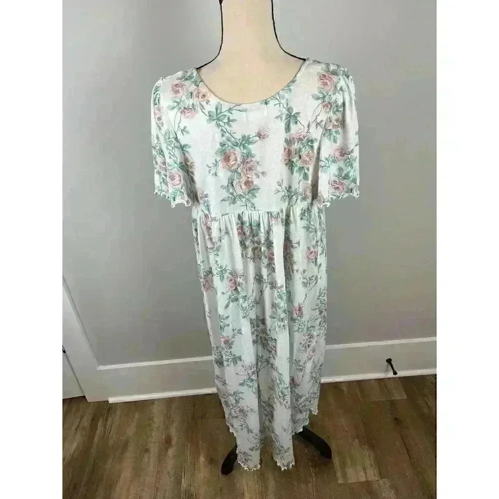 Vtg Barbizon Long Nightgown Short Sleeve Floral Ruffle Lace Cotton Blend M - Picture 8 of 14